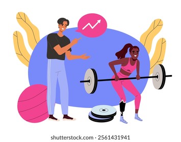 Vector illustration of a fitness trainer coaching a woman lifting a barbell. The woman has a prosthetic leg, symbolizing strength and inclusivity. Vibrant colors and motivational fitness concept