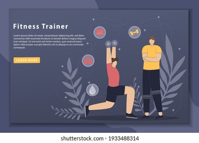Vector illustration Fitness trainer concept with landing page. Gymnastics exercising with an instructor, active sports woman, athletic training. Flat design modern 