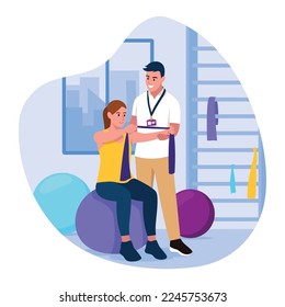 Vector illustration of fitness workout. Cartoon scene with a girl who is training with a trainer in the gym. Rehabilitation and restoration of health. Physical exercises for a healthy body.