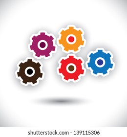Vector illustration of five 3d colorful cogwheels icons and symbols. The graphic represents concept of balance and synchrony