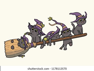 Vector illustration of five black cats wearing witch hat and flying on a magical broomstick. 