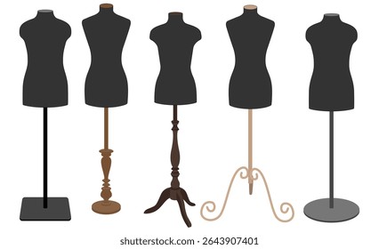 Ilustração vetorial de cinco formas de vestido de alfaiate preto com diferentes suportes de madeira e metal. Vista frontal. Orientação horizontal. Ideal para projetos de design de moda, costura ou exibição de varejo.