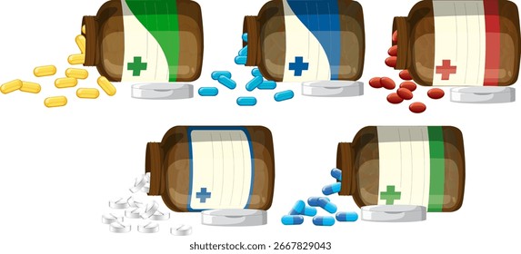 Ilustração vetorial de cinco frascos de remédios marrons com rótulos coloridos, cada um derramando diferentes comprimidos e comprimidos coloridos, dispostos em um fundo branco