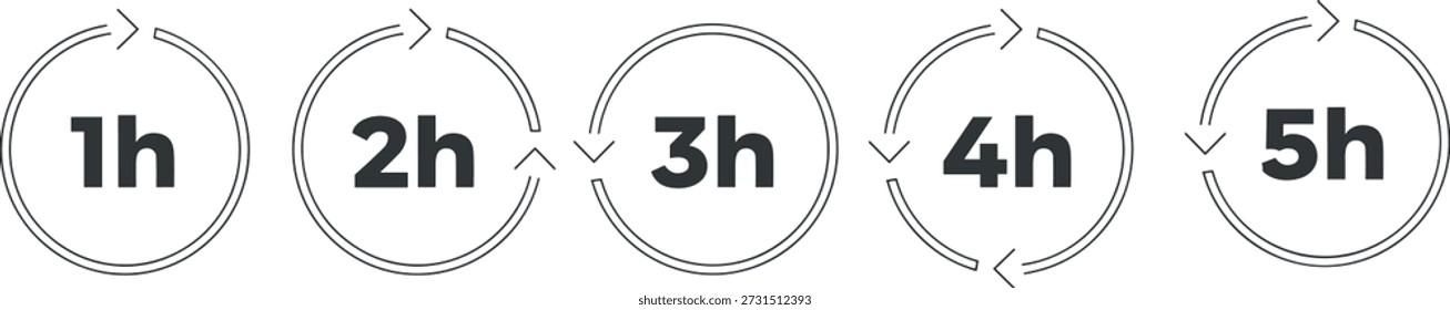 Ilustración vectorial de cinco íconos circulares con duraciones por hora y flechas de ciclo que muestran la progresión paso a paso