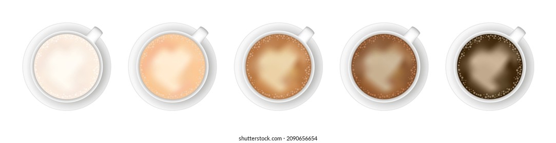 Vector illustration five coffee cups and gradient color palette – lighter to darker shades  White  brown    black coffee color shades  Five coffee mugs isolated white background  Top view 