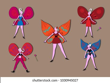 Vector illustration of five colored cartoon woman butterflies pinned to the blackboard with pins in the collection. The concept of collecting women. Colored objects isolate