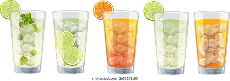 Vector illustration of five colorful citrus cocktails in glasses with ice cubes and garnishes, showcasing vibrant colors and realistic details