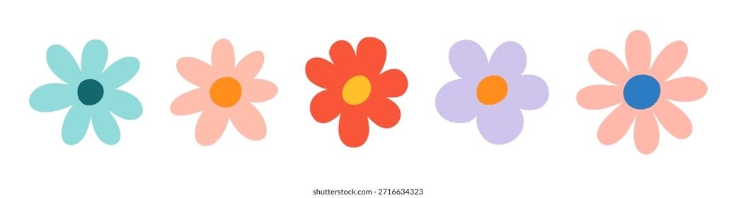 Vector illustration of five colorful flowers in a row. Each flower displays unique colors and shapes, creating a playful and cheerful design. Ideal for decorative projects.
