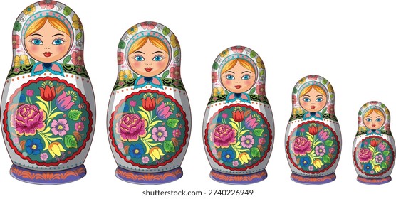 Vector illustration of five colorful Russian matryoshka nesting dolls with floral folk art patterns.