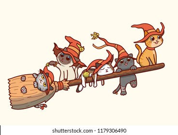 Vector illustration of five cute cats wearing witch hat and flying on a magical broomstick.