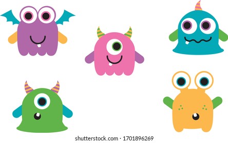 A vector illustration of five cute colorful isolated baby monsters