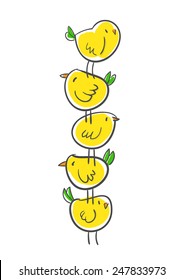 Vector illustration with five cute yellow birds