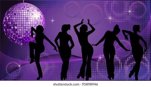 Vector illustration of five dancing women silhouettes on disco background
