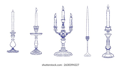 Vector illustration of five decorative candle holders in different vintage styles, each with a lit candle. Blue outline sketch perfect for invitations, branding, romantic decor, and packaging design.