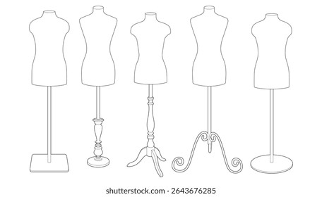 Ilustração vetorial de cinco diferentes manequins de costureira em vários suportes. Estilo da arte da linha. Isolado no fundo branco. Orientação horizontal. Ideal para moda ou design de alfaiataria.