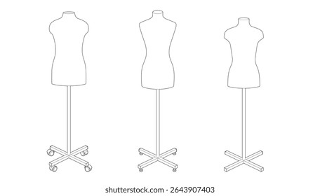 Ilustração vetorial de cinco diferentes manequins de costureira em vários suportes. Estilo da arte da linha. Isolado no fundo branco. Orientação horizontal. Ideal para moda ou design de alfaiataria.
