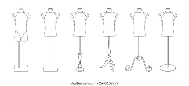 Ilustração vetorial de cinco diferentes manequins de costureira em vários suportes. Estilo da arte da linha. Isolado no fundo branco. Orientação horizontal. Ideal para moda ou design de alfaiataria.