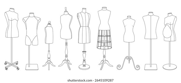Ilustração vetorial de cinco diferentes manequins de costureira em vários suportes. Estilo da arte da linha. Isolado no fundo branco. Orientação horizontal. Ideal para moda ou design de alfaiataria.