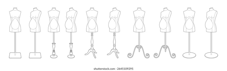 Ilustração vetorial de cinco diferentes manequins de costureira em vários suportes. Estilo da arte da linha. Isolado no fundo branco. Orientação horizontal. Ideal para moda ou design de alfaiataria.
