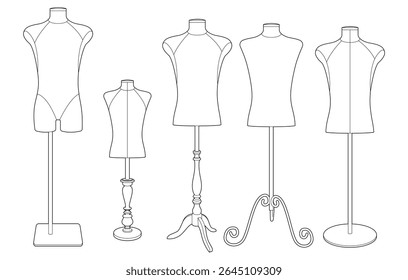 Ilustração vetorial de cinco diferentes manequins de costureira em vários suportes. Estilo da arte da linha. Isolado no fundo branco. Orientação horizontal. Ideal para moda ou design de alfaiataria.