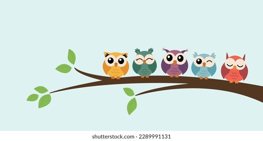 vector illustration of five different funny owls sitting on a branch