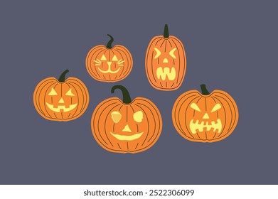 Ilustración vectorial de cinco linternas jack-o'-lanterns diferentes con varias expresiones talladas, colocadas sobre un fondo oscuro. Perfecto para diseños con temática de Halloween y decoraciones festivas. Aislado.