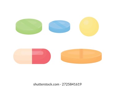 Vector illustration of five different pills shown from side view, isolated on white background. Includes capsules and tablets in various shapes and colors, suitable for medical, healthcare, pharmacy, education, and infographic designs.