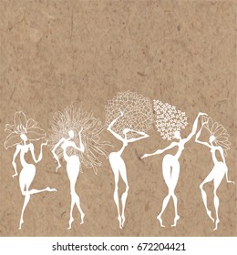  Vector illustration of five different variants of dancing girls: lily, chamomile,lilac, chrysanthemum, hydrangea on a kraft paper.  Invitation, greeting card or an element for your design.