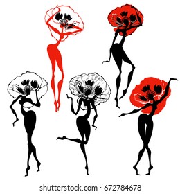 Vector illustration of five different variants of dancing girls-poppy. Sketch, isolated elements for design.