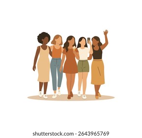 Ilustração vetorial de cinco jovens mulheres diversas caminhando, sorrindo e desfrutando de um tempo juntos. Moderna amizade feminina e conceito de unidade.