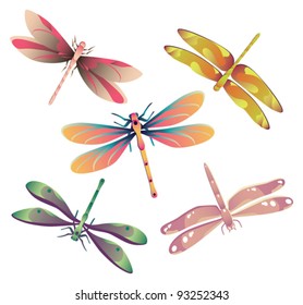 Vector illustration of five dragonflies.
