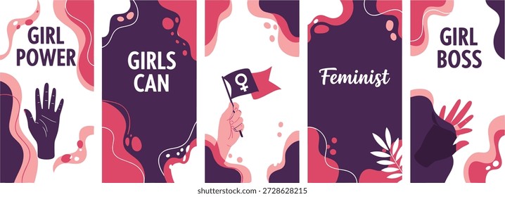 Ilustración vectorial de cinco paneles de empoderamiento con mensajes feministas con Formas abstractas, manos, banderas y gráficos simbólicos