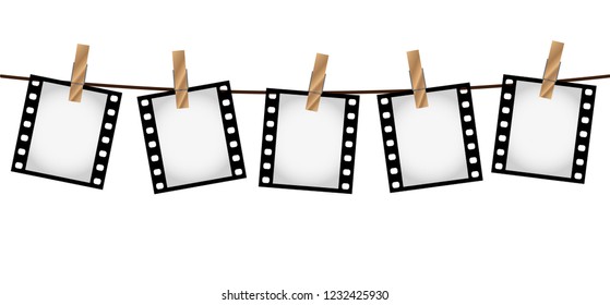 Vector illustration of five empty blank photo 35 mm film slides hanging on a rope with wooden clothespins over white background