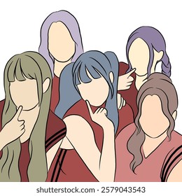 Vector illustration of five female idols.  Illustration of kpop female idol