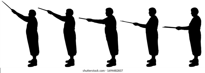 Vector illustration of five female silhouettes. Older woman with a folder in hands. Office worker, secretary, senior employee gradually lowers the folder. Gets a thing from the upper drawers, shelves.