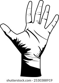 Vector illustration of five finger open palm, high five, bye, black and white