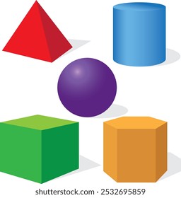 Ilustração vetorial de cinco prismas geométricos em cores brilhantes e uma sombra cinza com um estilo tridimensional.