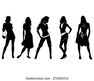 Vector illustration of a five girls silhouettes