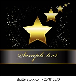Vector illustration of Five gold stars and black ribbon on a black backdrop with sparkles.