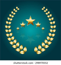 Vector illustration of Five gold stars and laurel wreath on a turquoise background.