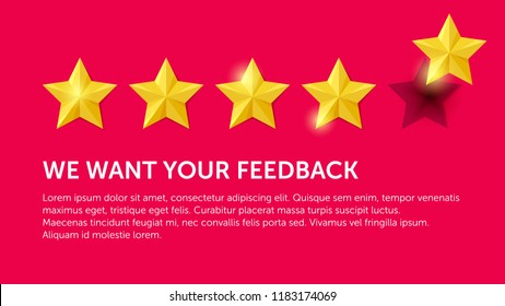 Vector illustration, five golden stars rating. We need your feedback text.