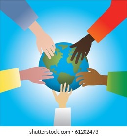 vector illustration of five hands touching earth