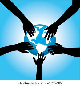 vector illustration of five hands touching earth