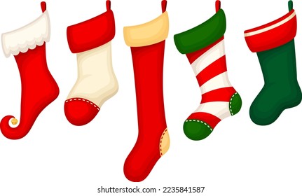 Vector illustration of five hanging Christmas stockings in a variety of colors, shapes and designs.