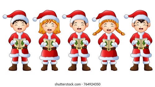 Vector illustration of Five happy children singing christmas carols