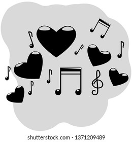 vector illustration of five hearts with musical symbols, notes, treble clef of black color with highlights on a gray background.