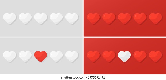 Vector illustration of five hearts in red and white colors. Love templates or banners. The concept of uniqueness