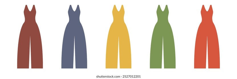 Vector illustration of five jumpsuits in different colors, perfect for fashion, apparel, and modern wardrobe designs