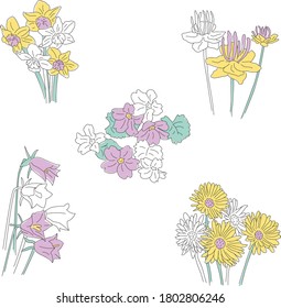 Vector illustration of five kinds of flowers for icons, banner, web site, postcard, catalog design or print. Trollius, daffodil, violet flower, chrysanthemum and bell flower colored outlines