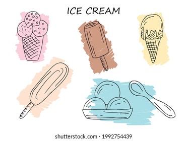 Vector illustration of five kinds of ice cream with pastel backgrounds for banner, signage, menu, café advertisement, product design. Doodle drawing on colorful marker texture for web or print